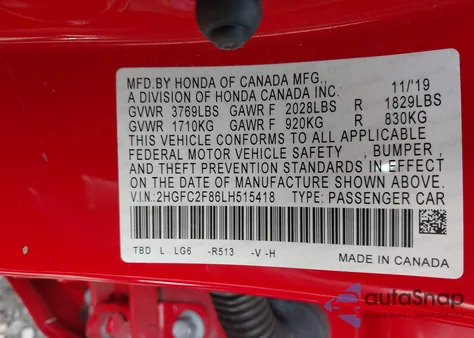 2020 Honda Civic Sport from USA, damaged, VIN 2HGFC2F86LH515418